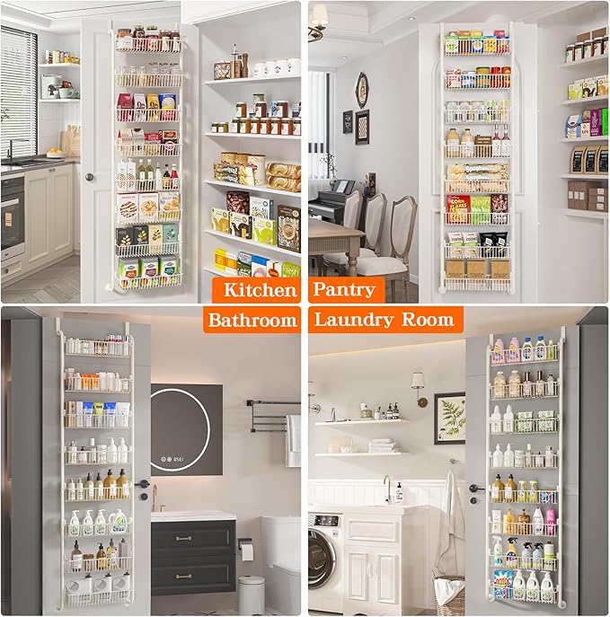 MIAOLI Over the Door Pantry Organizers and Storage, 8-Tier Spice Rack, Home & Kitchen Storage Shelves for Cabinet, Large Capacity Hanging Seasoning Organizer, Laundry Room Organization, White