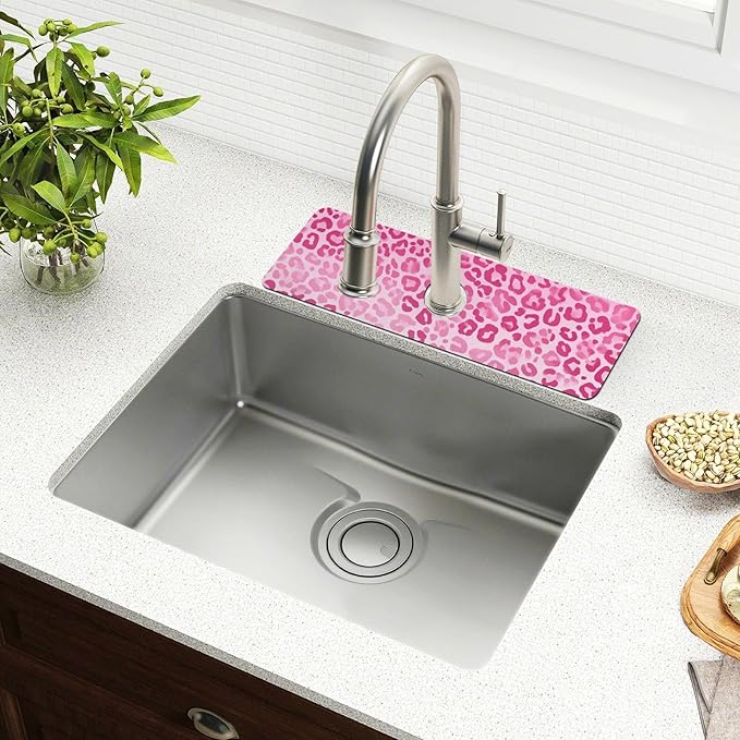 Kitchen Sink Splash Guard 2 PCS 30 Inch Sink Faucet Mat Splash Guard for Bathroom Countertop Water Absorbent Foldable Cuttable Soft Washable Gradient Pink Leopard Print