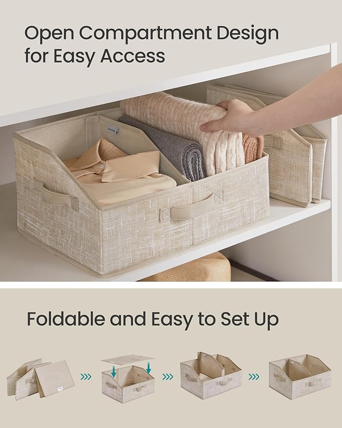 SONGMICS Set of 6 Storage Baskets, Foldable Storage Bins, Fabric Boxes, 15.7 x 11.8 x 7.9 Inches, Closet Storage Organizers, 3 Handles, for Bedroom, Living Room, Summer Sand URFB0140K01