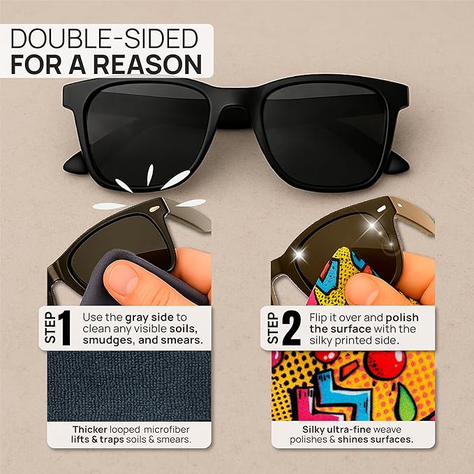 Quick Cloth Microfiber Glasses Cleaning Cloths – 5x7, Popart, 2 Pack with Case | Double-Sided Lens Cleaner for Eyeglasses, Camera, Screens & Glass | Reusable Microfiber Glass Polishing Cloths