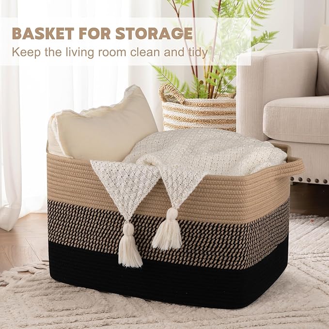 OIAHOMY Large Storage Basket, Cotton Rope Woven Blanket Basket, Toy Bin for Baby Room, Container for Blanket Storage in Living Room, 20''×16''×12'', Brown & Black