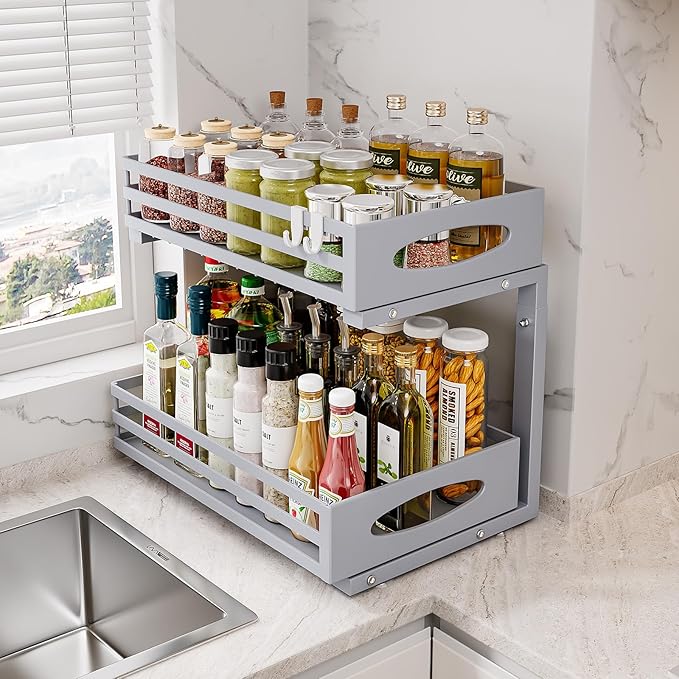 Under Sink Organizer, 2 Tier Under Sink Organizers and Storage, Adjustable Height, Slide out Metal Cabinet Organizers, Pull out Cabinet Storage Drawer Shelf for Kitchen Bathroom (Gray, 1Pack)