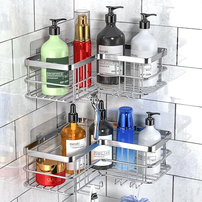 Yazoni Shower Caddy 2-Pack, No Drilling Shower Organizer Corner Shelf for Bathroom Tub, Stainless Steel Shower Caddy Corner Shelf for Bathroom Kitchen(Silver)