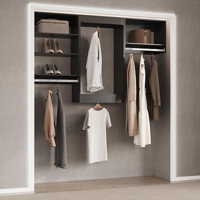 Modular Closet System, 72" Wide Closet Organizer System with Hanging Shelving , Wood Tower Closet Storage for Walk In Closets, Wall Mounted Wardrobe Organizer Kit System, Bedroom, Black