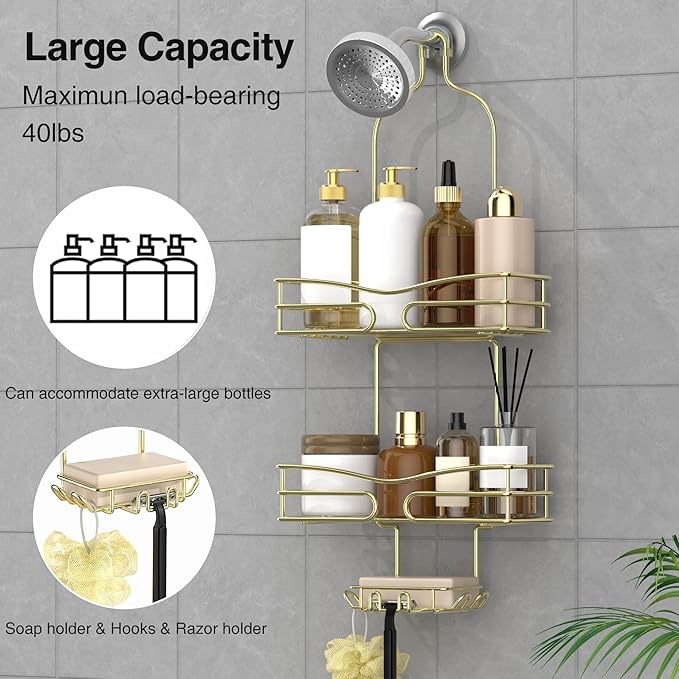Over the Shower Head Caddy - 3 Tier Shower Caddy Hanging, Gold Bathroom Organizer with Soap Holder & Hooks