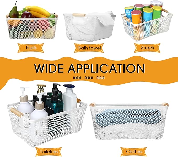 4 Pcs Metal Wire Basket with Wooden Handles Mesh Steel Storage Organizer Bin Containers for Home Organizing Cabinet Pantry Closet Kitchen Fridge Fruit Makeup Snacks Gifts(Small,Cream White)