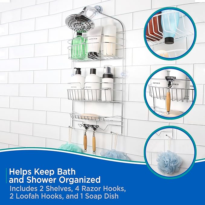 Kenney KN614151 Over the Shower Head 24" L x 11" W x 4.5" D Rust-Resistant Metal Wire Large 3-Shelf Hanging Caddy with Suction Cups and Razor Holders for Bathroom Shower, Chrome