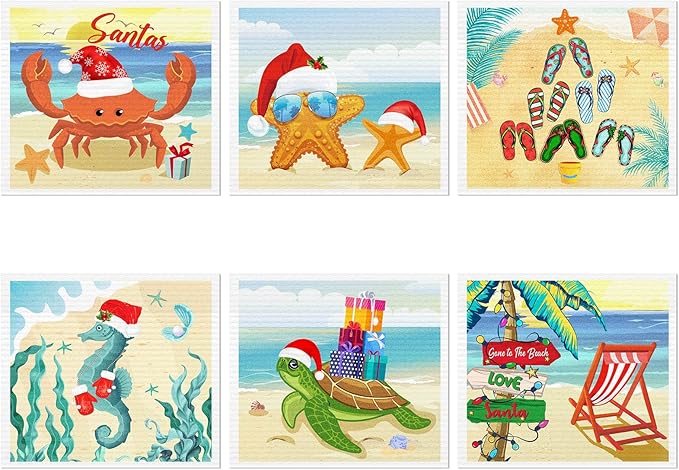 6 Pcs Swedish Kitchen Dish Towels Kitchen Cloths Reusable Sponge Cleaning Cloths Absorbent Dish Cloth Quick Drying Washable Cleaning Wipes No Odor Hand Towel (Christmas Beach)