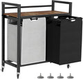 Laundry Hamper, Laundry Basket, Laundry Sorter with 2 Removable Bags, Clothes Basket with 2 Compartments, Wheels, Shelf for Laundry Room Bathroom Bedroom (2 Bags-Black Grey)