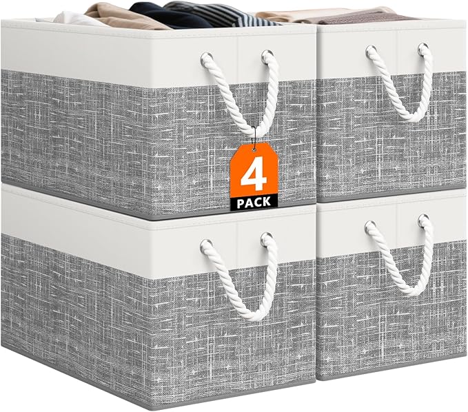 Storage Bin,Collapsible Storage Basket For Organizing,Large Storage Boxes With Rope Handles,Storage Containers,White & Grey,4 Pack