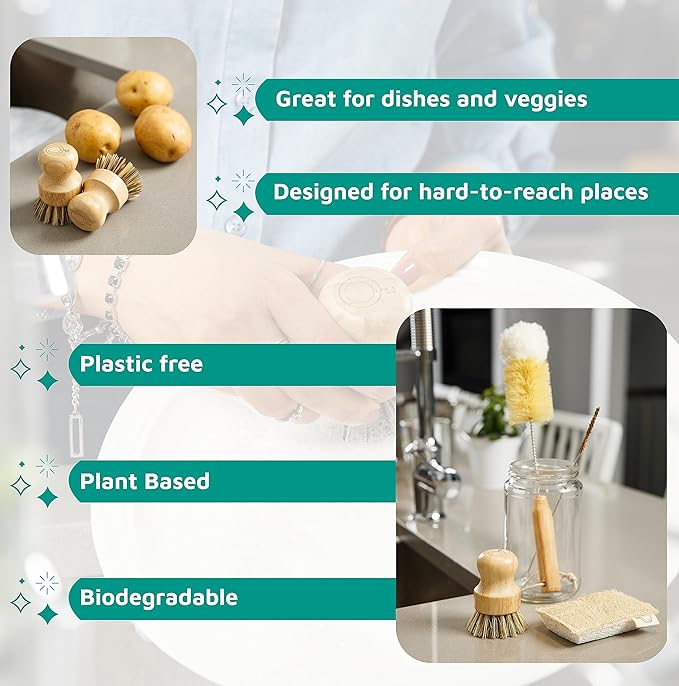 Bamboo Dish Brush Set – Eco Kitchen Cleaning Kit | Bottle Brush, Straw Brush, Scrubber & Sponge | Plastic-Free, Space-Saving, Sustainable