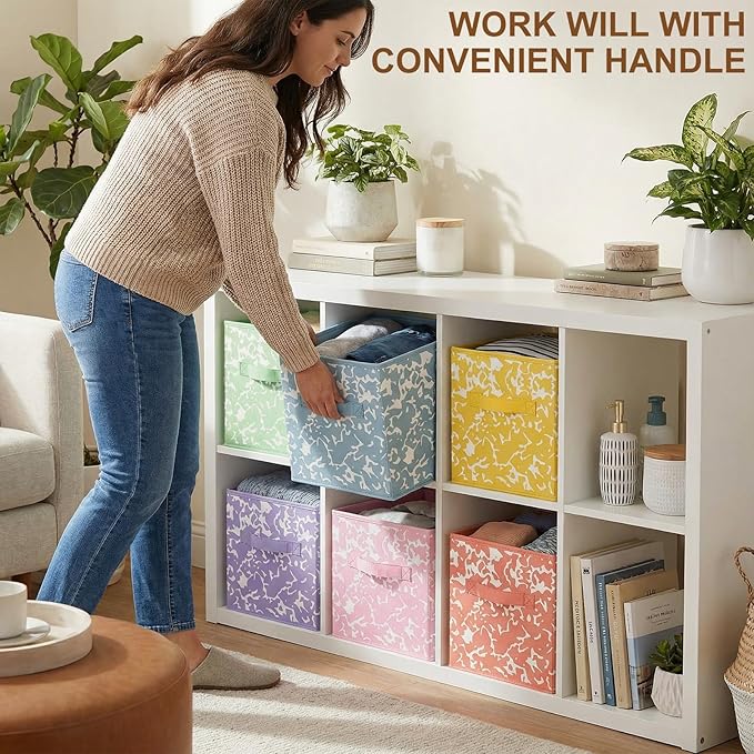 LemonRoad 6 Fabric Storage Cubes 11 Inch Foldable Marble Storage Bins for Organizing Pantry, Toy Box, Clothes Closet Collapsible Baskets for Shelves with Handle(Macaron Color,Classic Style)