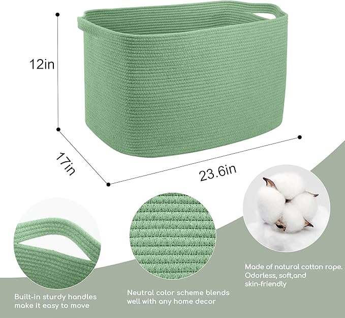 Large Green Baskets for Organizing, 23.6" x 17" x 12" Rectangle Blanket Holder Organizer, Kids Toy Storage Bins, Woven Rope Storage Basket, Green Home Decor Basket, Baby Nursery Storage