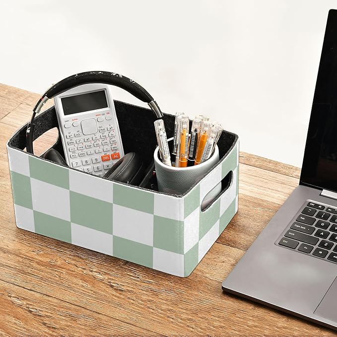 Checkered Green and White Png Closet Storage Bins 2 Pcs Felt Open Home Storage Containers Organizer with Handles Collapsible Shelf Basket for Home Office Craft Room Classroom Fabric