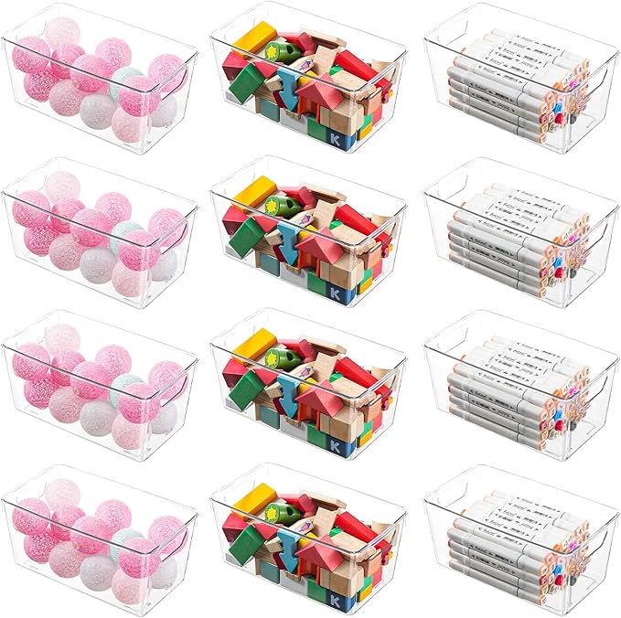12 Pack Clear Plastic Storage Bins, Multi-Use Small Acrylic Arts and Craft Storage Containers, Clear Craft Organizer Bins with Handles for Art Supplies, Office, Pantry, Kitchen