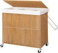 WOWLIVE Laundry Hamper with Wheels, 160L Handwoven Rolling Laundry Basket 3 Section with Lid, Clothes Hamper with Removable Liner Bags, Large Capacity Laundry Sorter Laundry Room Organization, Natural