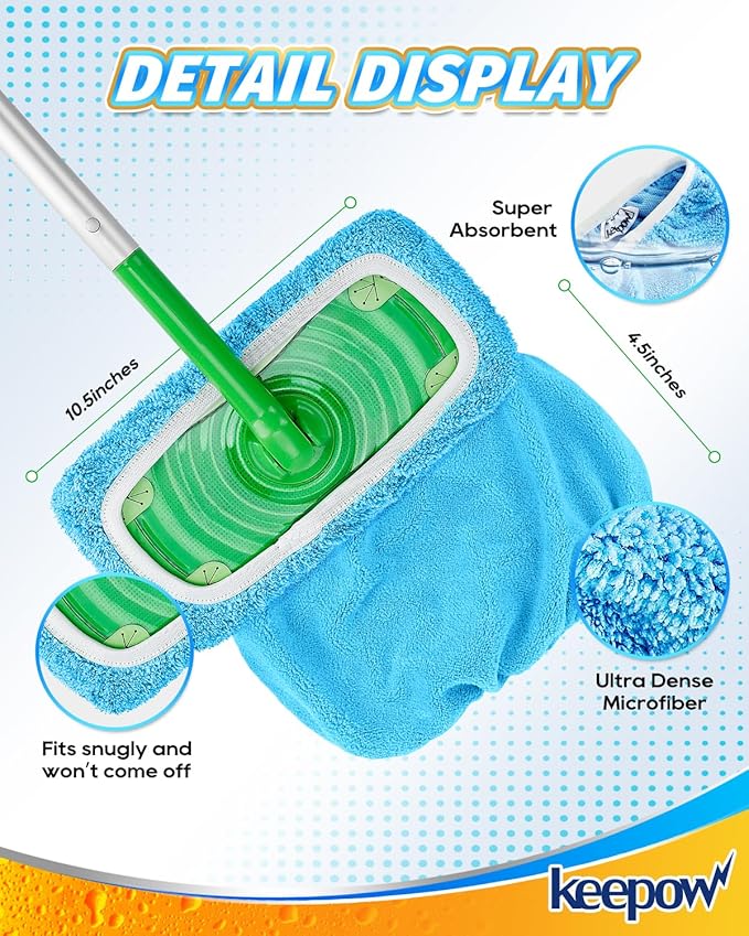 KEEPOW Reusable Dry Sweeping Cloths Microfiber Wet Pads Refill Compatible with Swiffer Sweeper Mop, Machine Washable Sweeping Mop Pads for Use on All Floors - Stone, Hardwood, Laminate & Tile (6 Blue)