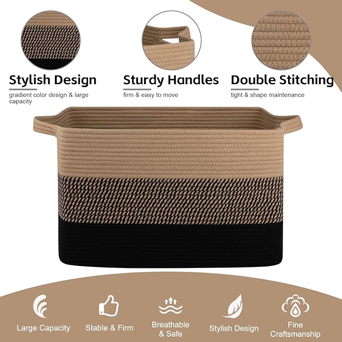 OIAHOMY Large Storage Basket, Cotton Rope Woven Blanket Basket, Toy Bin for Baby Room, Container for Blanket Storage in Living Room, 20''×16''×12'', Brown & Black
