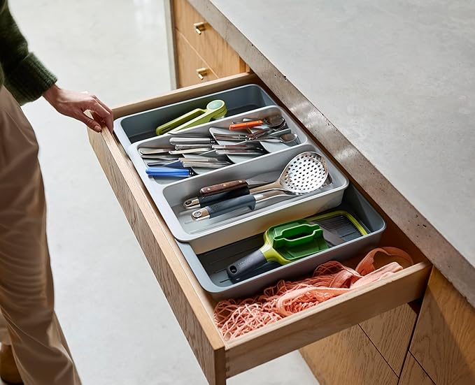 Joseph Joseph DrawerStore Expanding Tiered Flatware Cutlery, Utensil, and Gadget Tray, Expandable In-Drawer Kitchen Space-Saving Organizer, Recycled Plastic