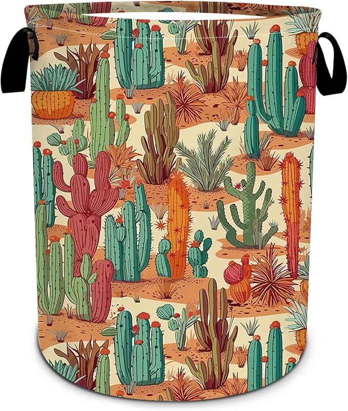 Tropical Cactus Laundry Basket, Foldable Waterproof Oxford Cloth Laundry Hamper Funny Tote Bag Dirty Clothes Storage Bucket Toy Organizer for Bathroom/Laundry/Bedroom 15.7"x19.6"