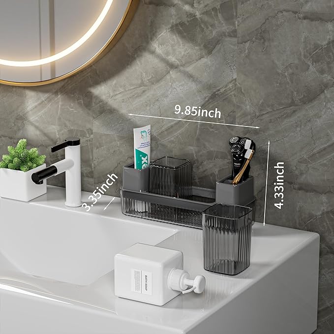 Toothbrush Holder for Bathrooms, 2 Cups Toothbrush Organizer for Bathroom Countertop, Toothbrush Holder Toothbrush Storage for Shower, Tooth Brushing Holder Cup Tray and Toothpaste Caddy Black