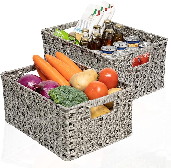 Wicker Baskets 2 Pack, Wicker Storage Basket with Handles, Waterproof Woven Baskets for Organizing, Large Storage Basket 15" and Medium 14", Grey