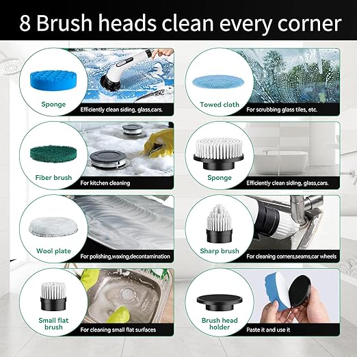 HIMAAT Cordless Electric Spin Scrubber - IPX7 Waterproof, LCD Display, 8 Brush Heads, Adjustable Extension Handle, for Shower, Bathtub, Tile, Grout, Kitchen, Bathroom Cleaning