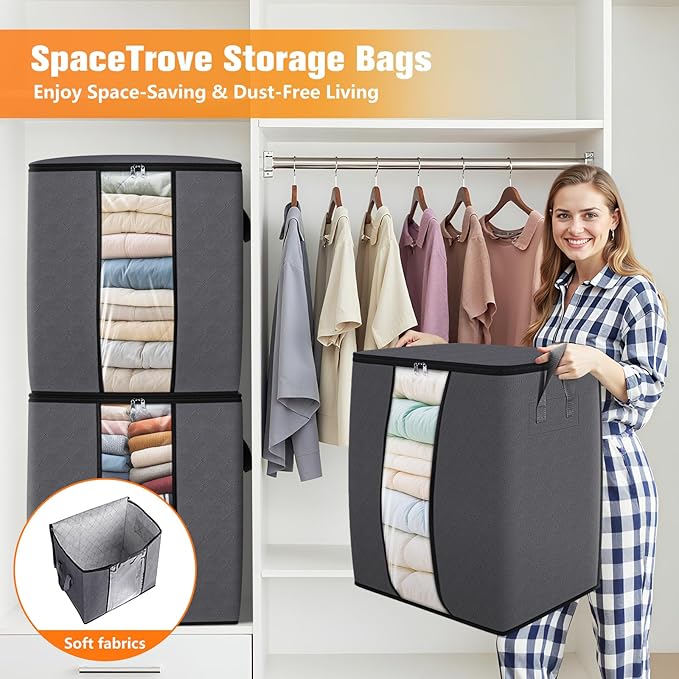 Clothes Storage Bags, 4-Pack Comforter Blanket Organizers, 80L Large Capacity Containers with Visual Window for Clothing, Quilt, Sheet, Pillow, Closet Organization for Bedding (Grey)