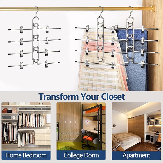 Pants & Skirt Hangers with Clips, Newly Upgraded Detachable - Space Saving Hangers, 4-Tiers Skirt Hangers for Women - Hanging Closet Organizer and Storage-4 Pack, Patent Pending