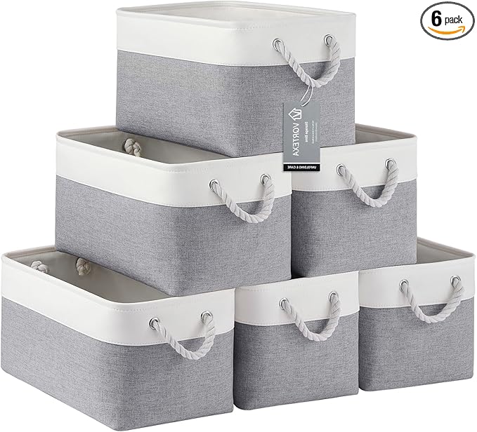 Large Storage Baskets- 15x11x10 inch Storage Bins for Shelves and Closet Organizing, Foldable Fabric Bin for Home Organization Clothes and Laundry (6-Pack, White&Gray)