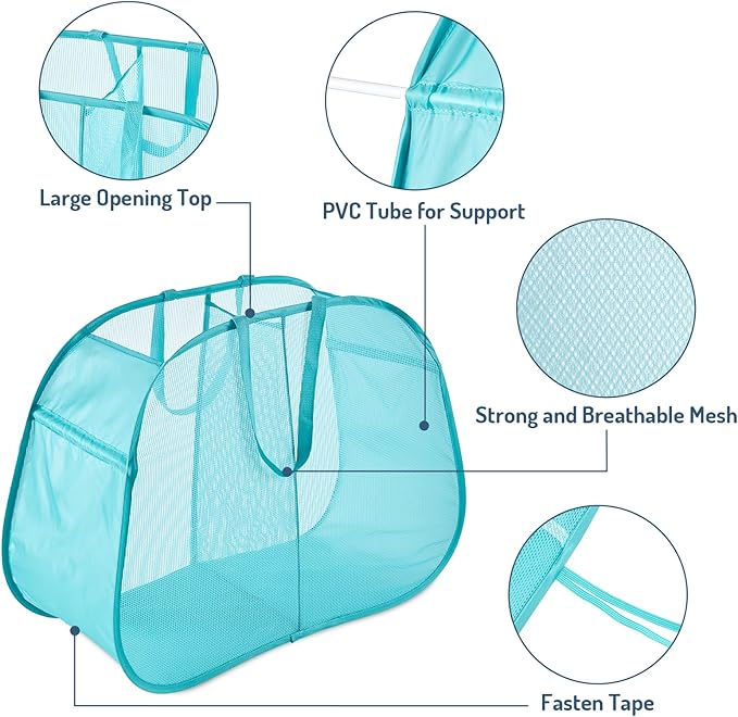 Seiritex Mesh Popup Laundry Hamper 2 Compartment, Collapsible Laundry Sorter Basket Foldable Hamper for Clothes, College Dorm, Travel (Turquoise Blue)
