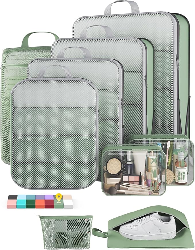 Veken 9/11 Set Compression Packing Cubes for Travel Essentials,Compressible Expandable Large Luggage Suitcase Organizer Bags for Clothing,Durable Space Saver Storage Bags(Matcha Green)