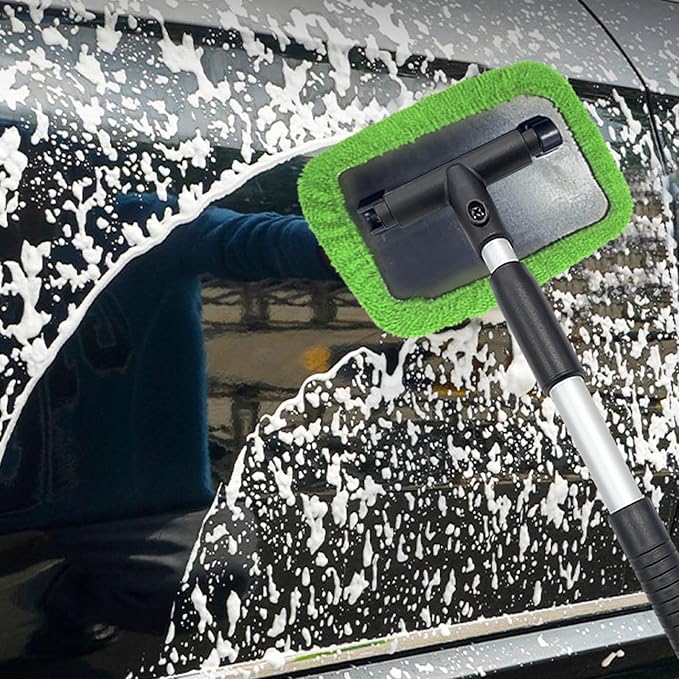 Ziciner Car Windshield Cleaner, Microfiber Auto Cleaning Wiper with Aluminum Extendable Handle and 2 Washable Reusable Cloth Pad Head, Universal Vehicle Interior Exterior Cleaner Kit (Green-Rectangle)