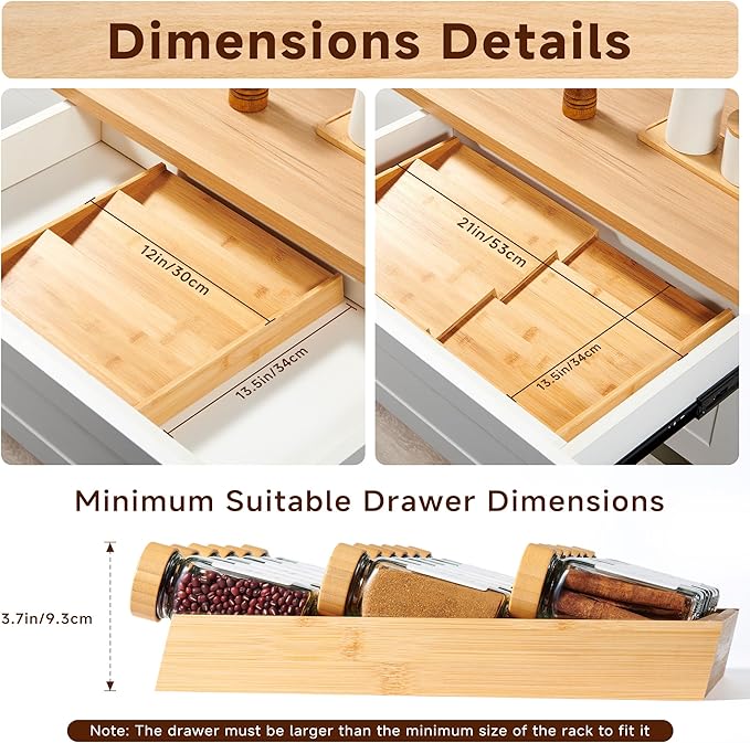 Expandable 3-Tier Bamboo Spice Rack Organizer (12"-21" W, 13.5" D, 3.7" H) Adjustable for Kitchen Drawers, Cabinets, Countertops, Pantry Shelves & Cupboards, No Jars Included