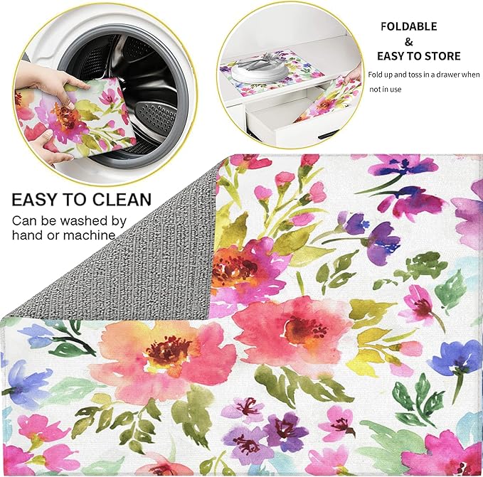 3Pcs Watercolor Flower Dish Drying Mat & Kitchen Sink Splash Guard Faucet Mat For Kitchen Counter Absorbent Microfiber Dishes Pad Dish Drainer Rack Mats Fast Dry Kitchen Accessories