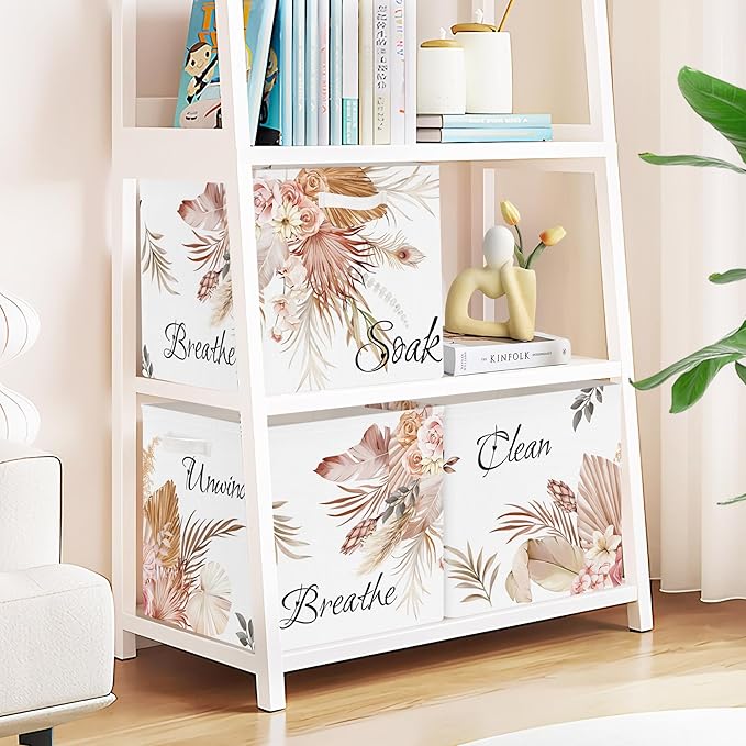Clastyle Flower Storage Basket Set with Metal Frame Leaves Plants Foldable Closet Clothes Organizer Decorative Nursery Toddler Toy Bin Women Girl Book Shelf Basket, Boho, 11.8x11.8x11.8 in