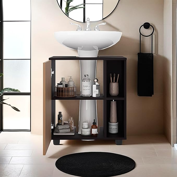 CHARMMA Under Sink Storage 24.4" H, 1 Door, 4 Shelves, 4 Legs, Natural Oak/Black Wengue - Bathroom, 16.30x21.70x24.40in