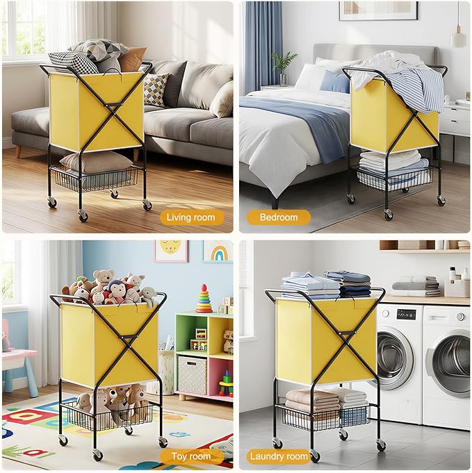 Convenient Laundry Basket with Wheels,36" High Easy Rolling Laundry Cart with Wheels,Heavy Duty Dirty Clothes Laundry Hamper with Handles Removable Bag for Seniors,Folding Metal Frame/Yellow/98L
