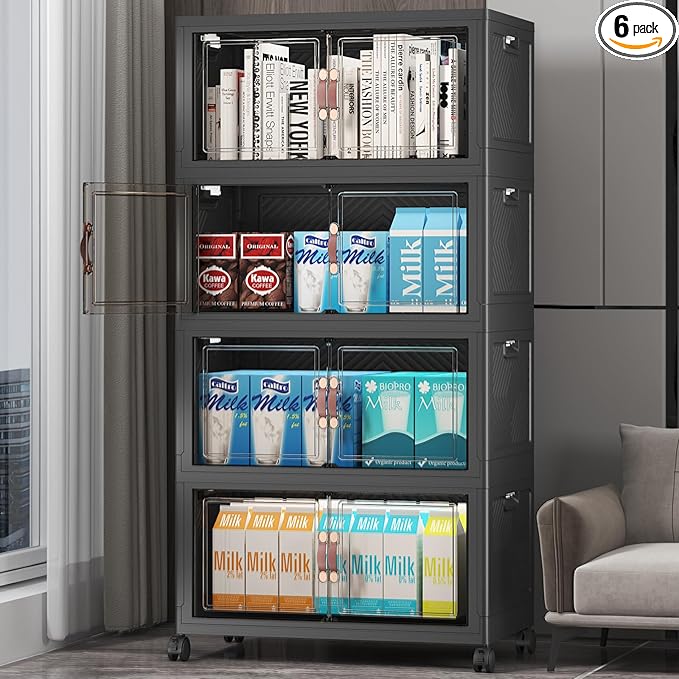 Extra Large Stackable Storage Bins with Lids & Wheels & Door,Foldable Collapsible Closet Organizers, Plastic containers drawers for bedroom Dorm (Dark-55qt, 4Pack with 1 top lid)
