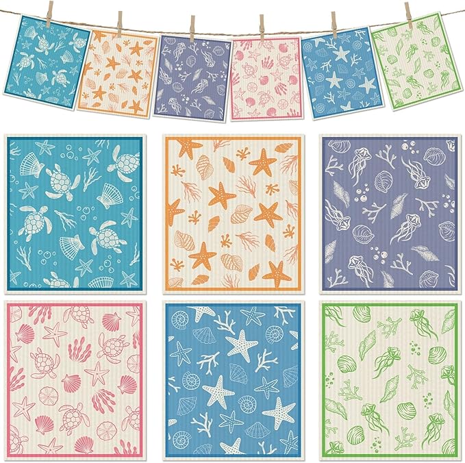 6 Packs Swedish Paper Cloths for Kitchen, Reusable Paper Towels Washable Dish Rags, Highly Absorbent Kitchen Towels Quick Drying Swedish Sponge Cleaning Dish Cloths (Ocean Series)