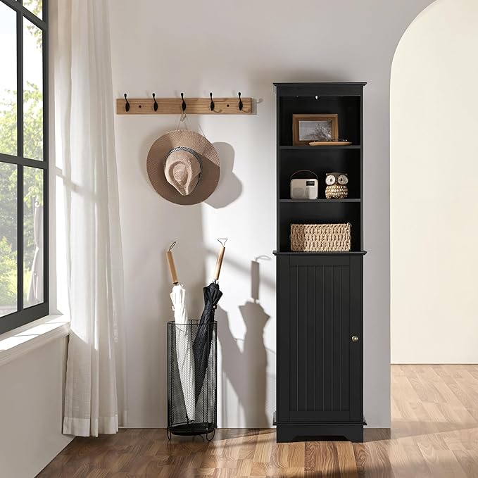 Yaheetech 60.5" Freestanding Bathroom Storage Cabinet, Tall Slim Floor Cabinet with 3 Shelves & Door, Space Saving Organizer, Home Storage Furniture, Black