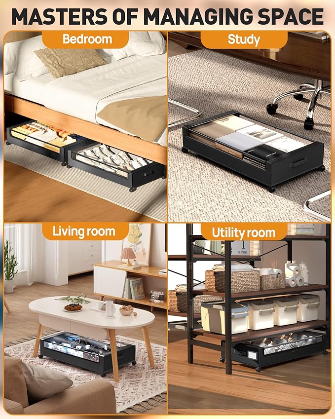 Under Bed Storage With Wheels, 2 Pack Square Containers, 60L Bins, Rolling Metal Drawer for Clothes, Blankets, Shoes