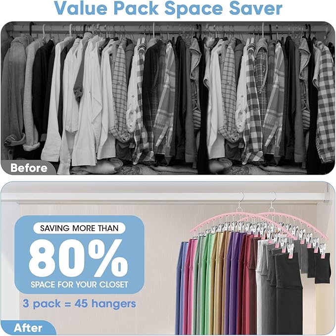 3 Pack Legging Organizer for Closet Hanging, Pants Hangers with Clips Holds 45 Leggings, Shorts, Skirts, Jeans, Hats, Pants Hangers Space Saving Clothes Racks Closet Organizers and Storage, Pink