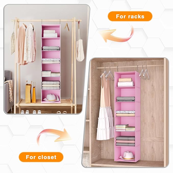 Hanging Closet Organizer, Easy Mount Foldable 6-Shelf Hanging Closet Wardrobe Storage Shelves, Clothes Handbag Shoes Accessories Storage, Washable Oxford Cloth Fabric, Pink