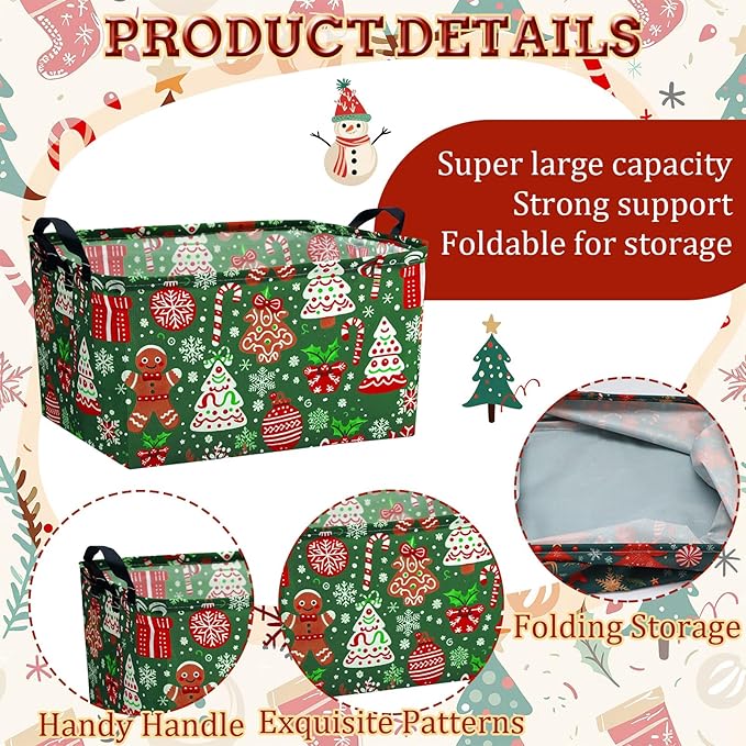 4 Pack Christmas Storage Bin Collapsible Large Christmas Storage Baskets for Gifts Xmas Tree Canvas Laundry Basket Foldable Box with Handle for Office Home Bedroom Clothes Toys Holiday Decor