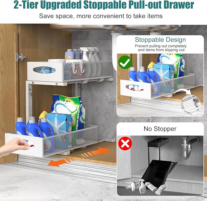 Housolution Under Sink Organizer, 2 Tier Metal Pull Out Under Sink Storage with Sliding Mesh Drawers, Height Adjustable Slide Out Under Sink Organizer for Kitchen Bathroom Cabinet, 2 Pack, White