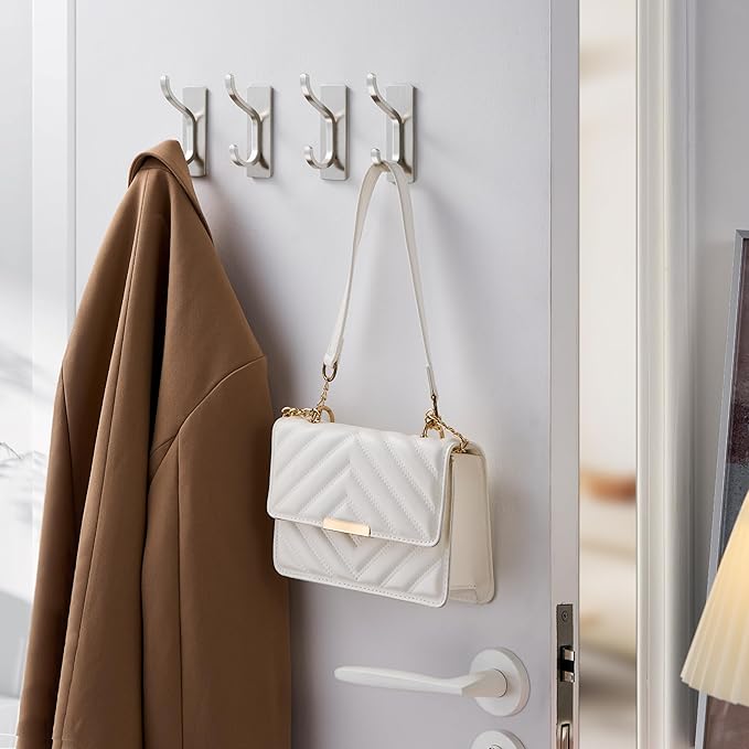 pickpiff Adhesive Wall Hooks for Hanging Towels - Heavy Duty Stick On Hooks, Strong Hold up to 13 lbs, Hangers for Coats, Bags, Purses, Ideal for Door, Closet, or Bathroom, Brushed Silver,4 Pack