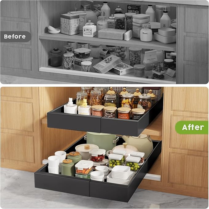 2 Pack Pull Out Cabinet Organizers 21" Deep With Raising Pad for Framed Cabinets, Expandable Width (9"-14") Slide Out Drawers Upgrade 3 Slide Rails, Roll Out Shelves Adhesive, Black