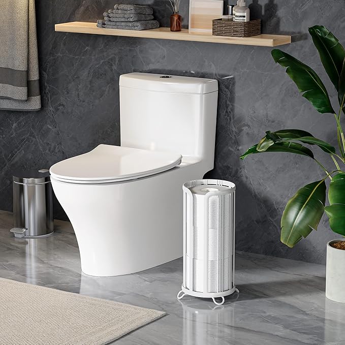 Toilet Paper Holder Stand, Freestanding Bathroom Tissue Organizer, Minimalistic Storage Solution, Reserve Mega Rolls,Stylish Bathroom Floor Toilet Paper Stand-White
