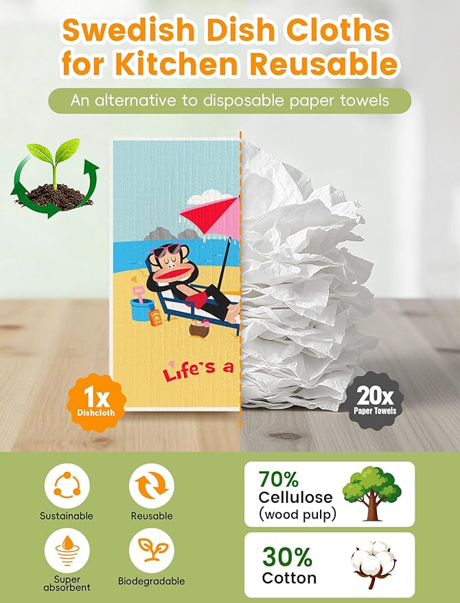 Paul Frank Swedish Dishcloths for Kitchen, 6 Pack Funny Swedish Dish Cloths Reusable Paper Towels, Super Absorbent Dish Cloths Washable Non-Scratch for Home Kitchen, Cellulose Sponge Cloths No Odor